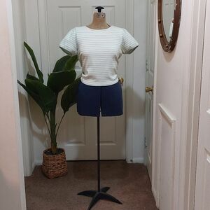 Liz Claiborne White and Green Striped Short Sleeve Tee